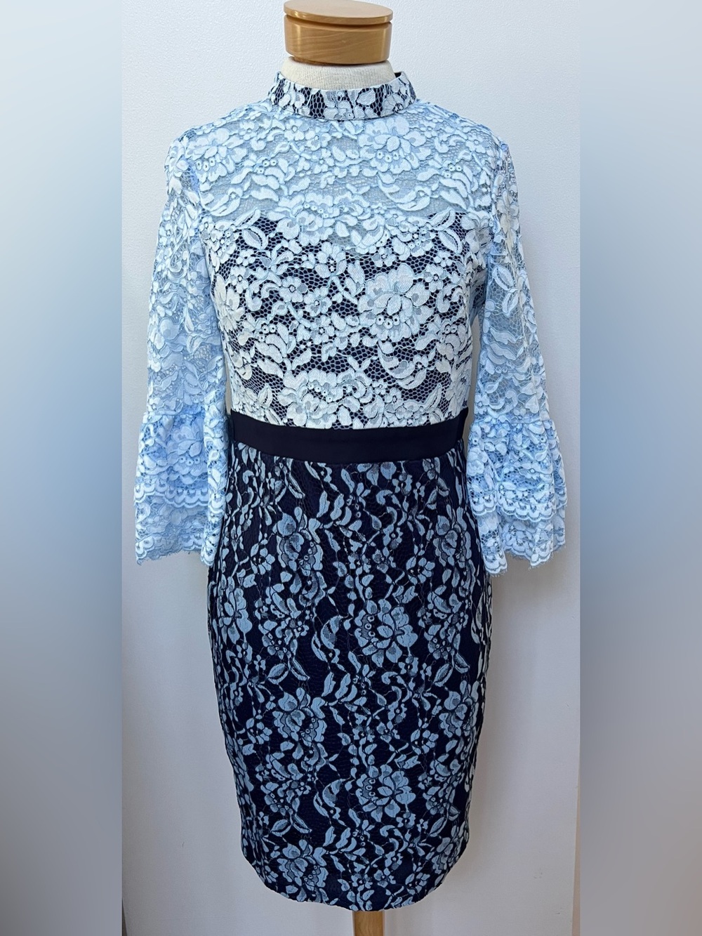 Paper Dolls London Blue Lace Midi Dress Bell Sleeve Mock Neck US 8